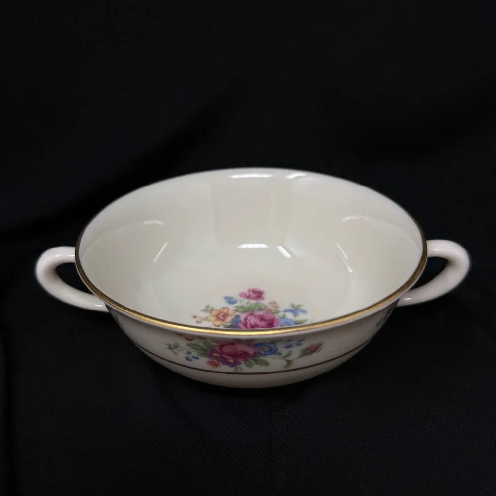 Lenox Rose Floral Cream Soup Handle Bowls Set 3 Pcs Floral Gold Trim 5 Inch Diam